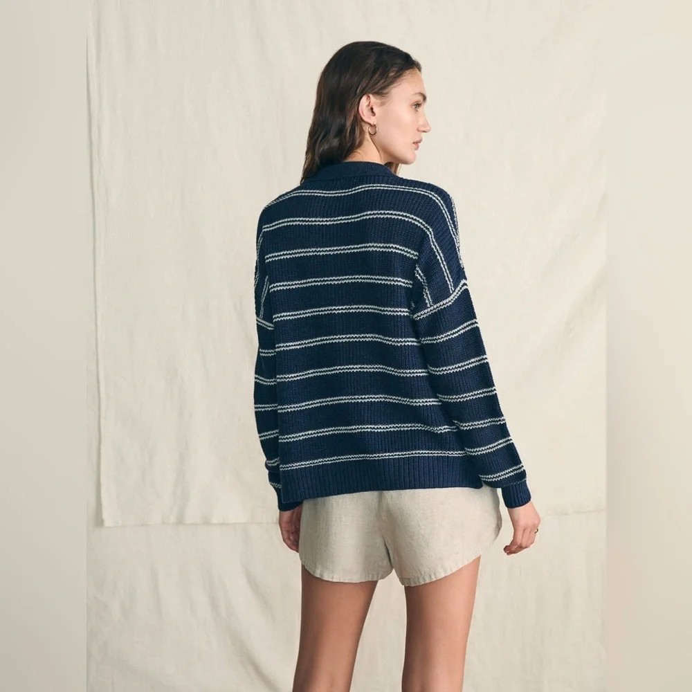 Faherty Miramar Linen Polo Sweater - Navy Mystic Stripe size XS pristine
